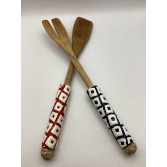 Hand Painted Serving Wooden Fork & Spoon with Ceramic ends, Made In Siena Italy - Picture 3 of 7